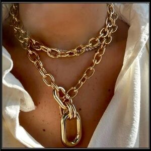 NEW CHUNKY GOLD INTERLOCK CHAIN LINK OVAL TOGGLE NECKLACE